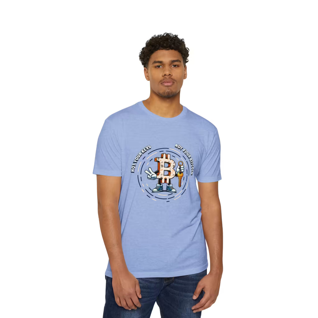 Front view of a model in the heather columbia blue Not Your Keys Not Your Bitcoin t-shirt, securing private keys.