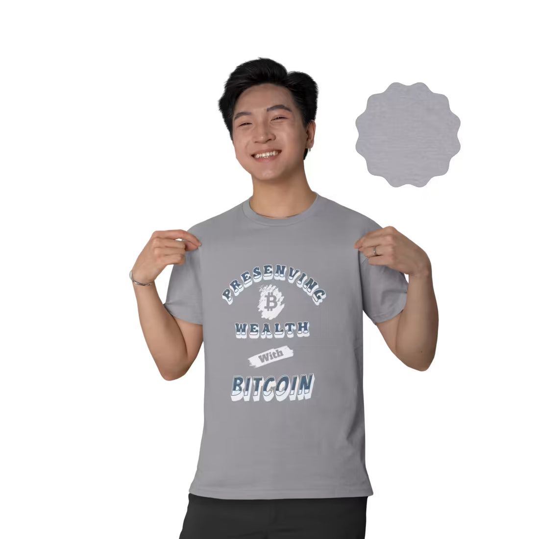 Front view of a model wearing the heather grey Preserving Wealth With Bitcoin t-shirt, protecting generational wealth.