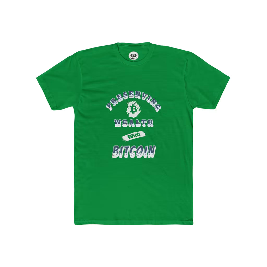 Flat lay of the solid kelly green Preserving Wealth With Bitcoin t-shirt. A Next Level 3600 staple for true HODLers.