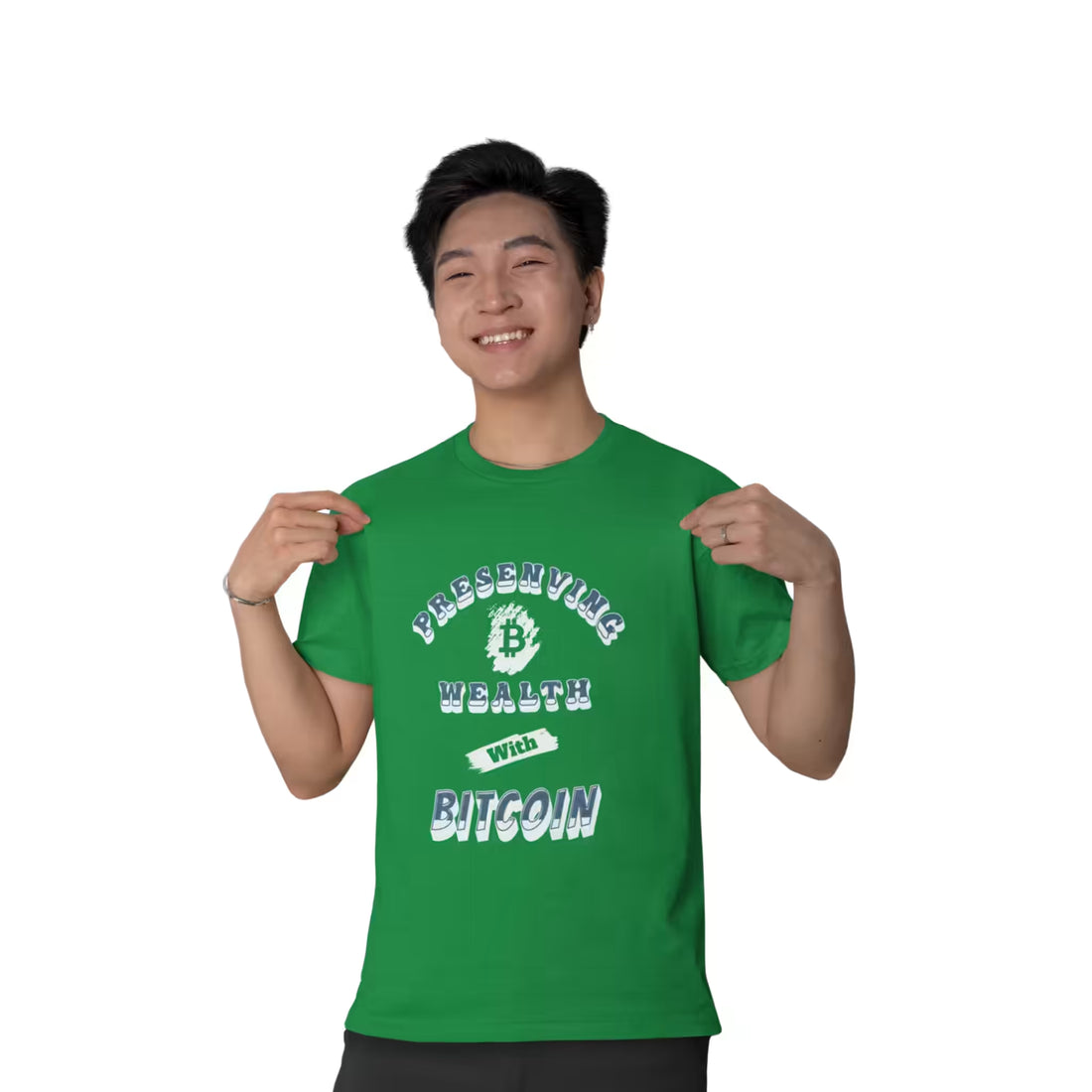 Front view of a model in the solid kelly green Preserving Wealth With Bitcoin t-shirt, opting for hard sound money.