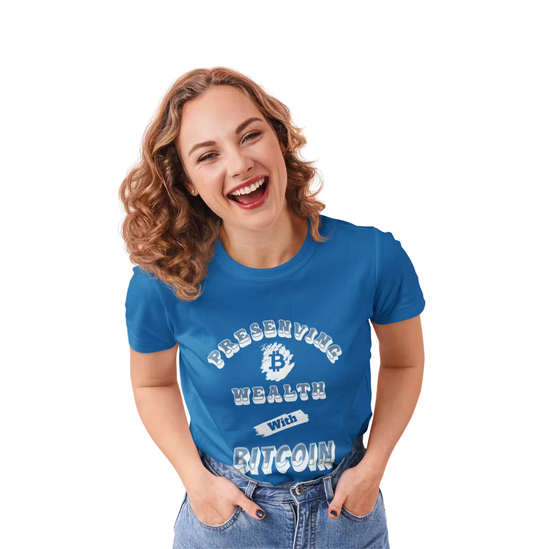 Front view of a model in the solid turquoise Preserving Wealth With Bitcoin t-shirt, escaping fiat debasement.