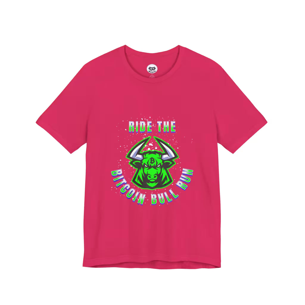 Flat lay of the fuchsia Ride The Bitcoin Bull Run t-shirt, highlighting the soft Bella Canvas 3001 material.