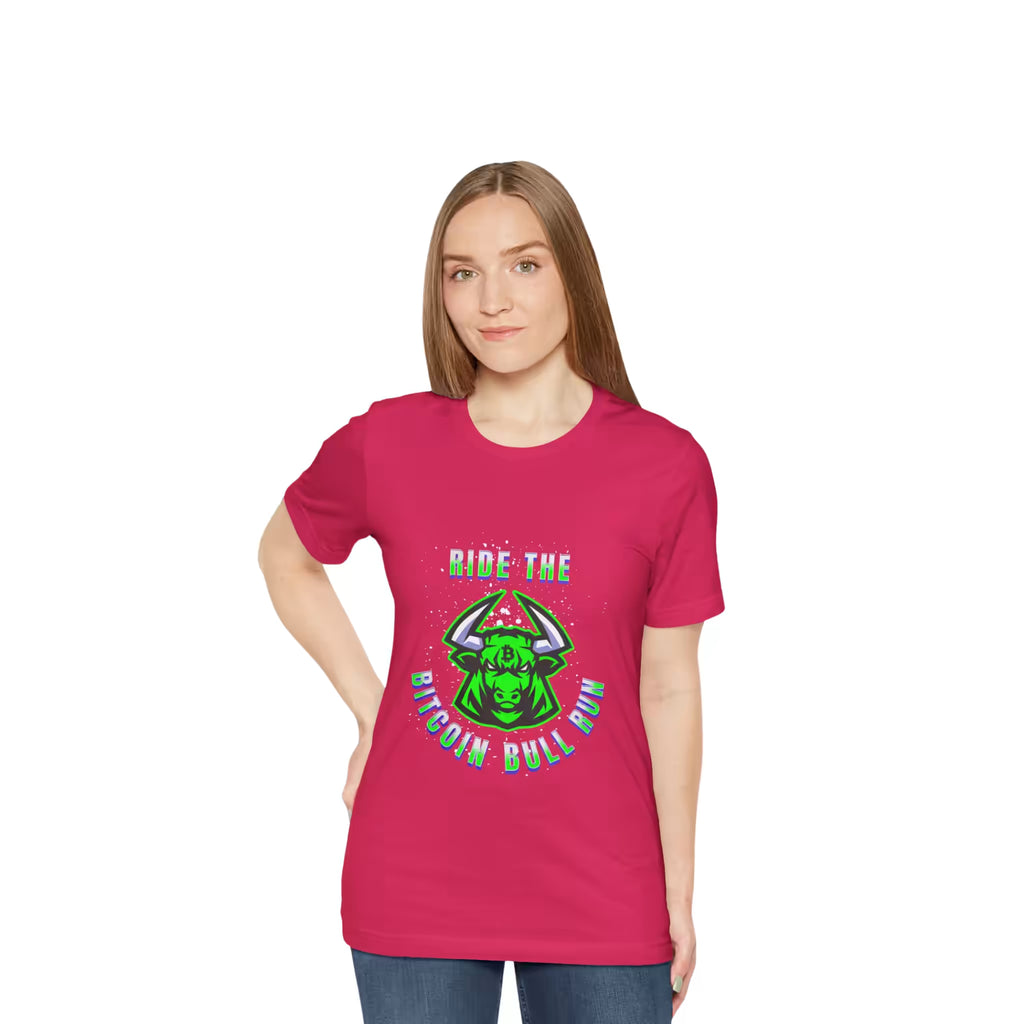 Front view of a model wearing the fuchsia Ride The Bitcoin Bull Run t-shirt. Stacking sats during the surge.