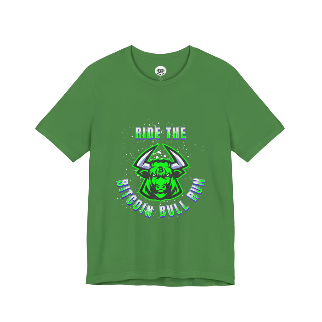 Flat lay of the leaf Ride The Bitcoin Bull Run t-shirt, showing the premium Bella Canvas 3001 fabric.