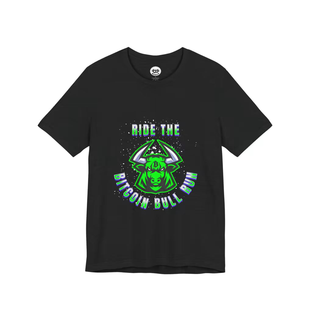 Flat lay of the solid black blend Ride The Bitcoin Bull Run t-shirt. A Bella Canvas 3001 staple for HODLers.