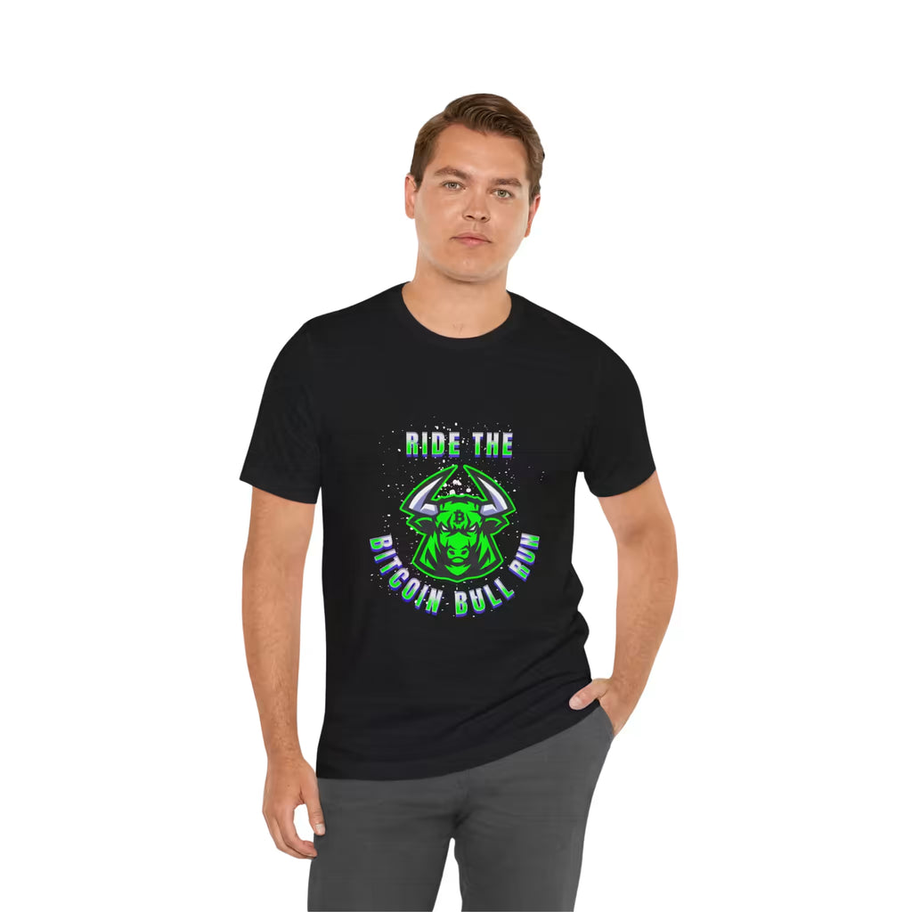 Front view of a model in the solid black blend Ride The Bitcoin Bull Run t-shirt, embracing the bull market.