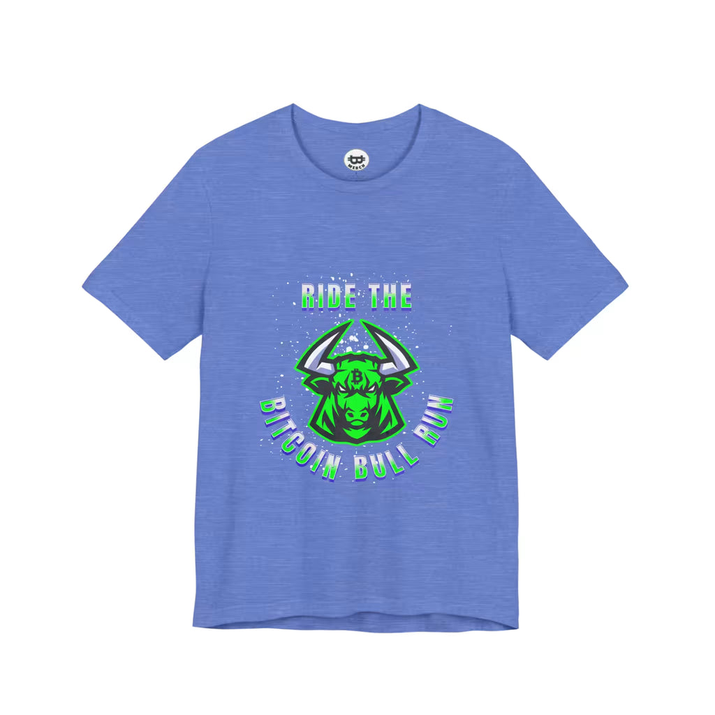 Flat front view of the heather columbia blue Ride The Bitcoin Bull Run t-shirt, featuring the Bella Canvas 3001 build.