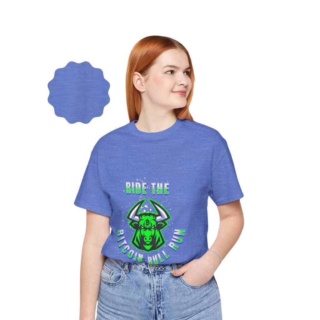 Front view of a model in the heather columbia blue Ride The Bitcoin Bull Run t-shirt. HODL to the absolute top.