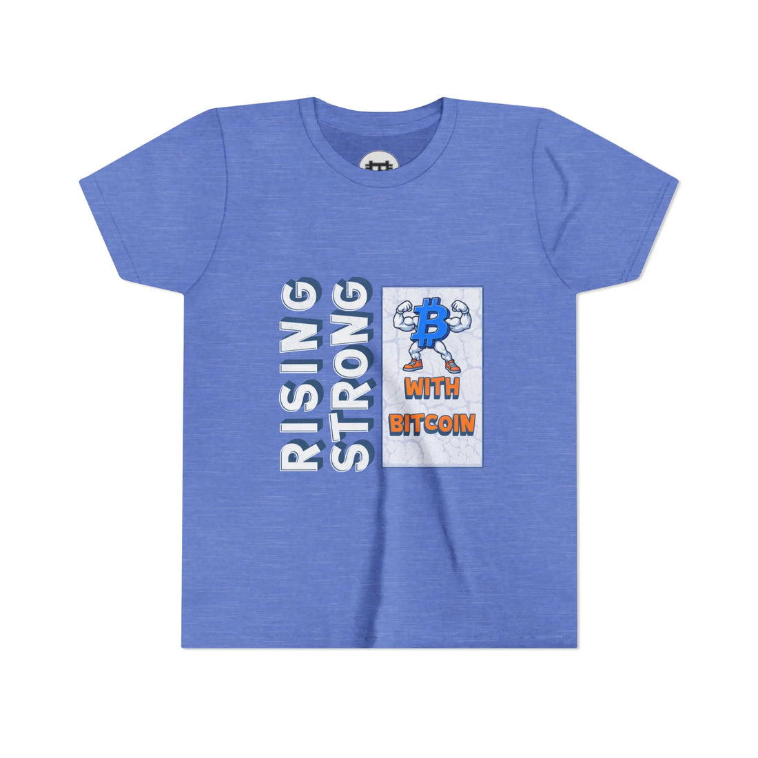 Rising Strong with Bitcoin Youth T-Shirt - Heather Columbia Blue - Bella Canvas 3001Y Flat View - Bitcoin Gear