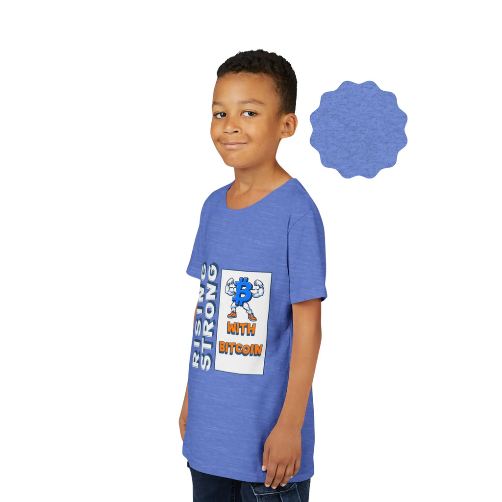 Rising Strong with Bitcoin Youth T-Shirt - Heather Columbia Blue - Bella Canvas 3001Y Model Front - Bitcoin Gear