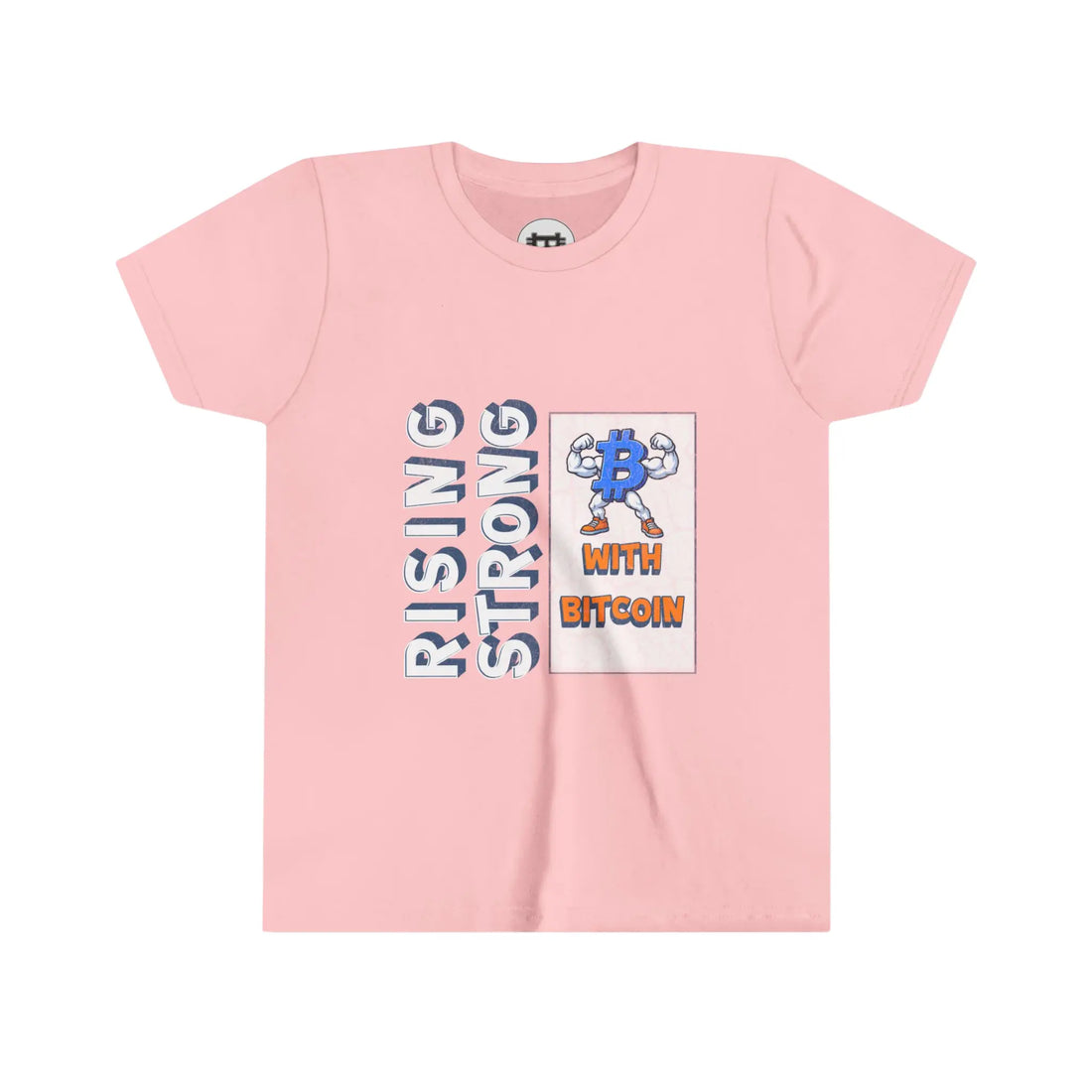 Rising Strong with Bitcoin Youth T-Shirt - Pink - Bella Canvas 3001Y Flat Design View - Modern Bitcoin Wear