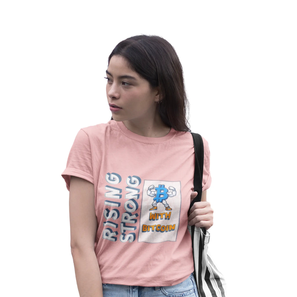 Rising Strong with Bitcoin Youth T-Shirt - Pink - Bella Canvas 3001Y Model Front View - Modern Bitcoin Wear