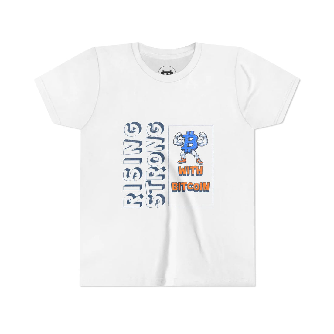 Rising Strong with Bitcoin Youth T-Shirt - White - Bella Canvas 3001Y Flat Design View - Bitcoin Gear