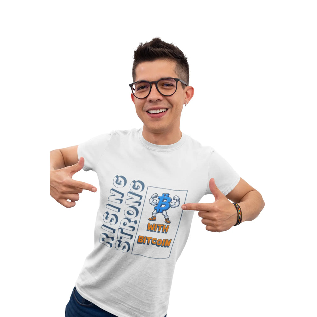 Rising Strong with Bitcoin Youth T-Shirt - White - Bella Canvas 3001Y Model Front View - Bitcoin Gear