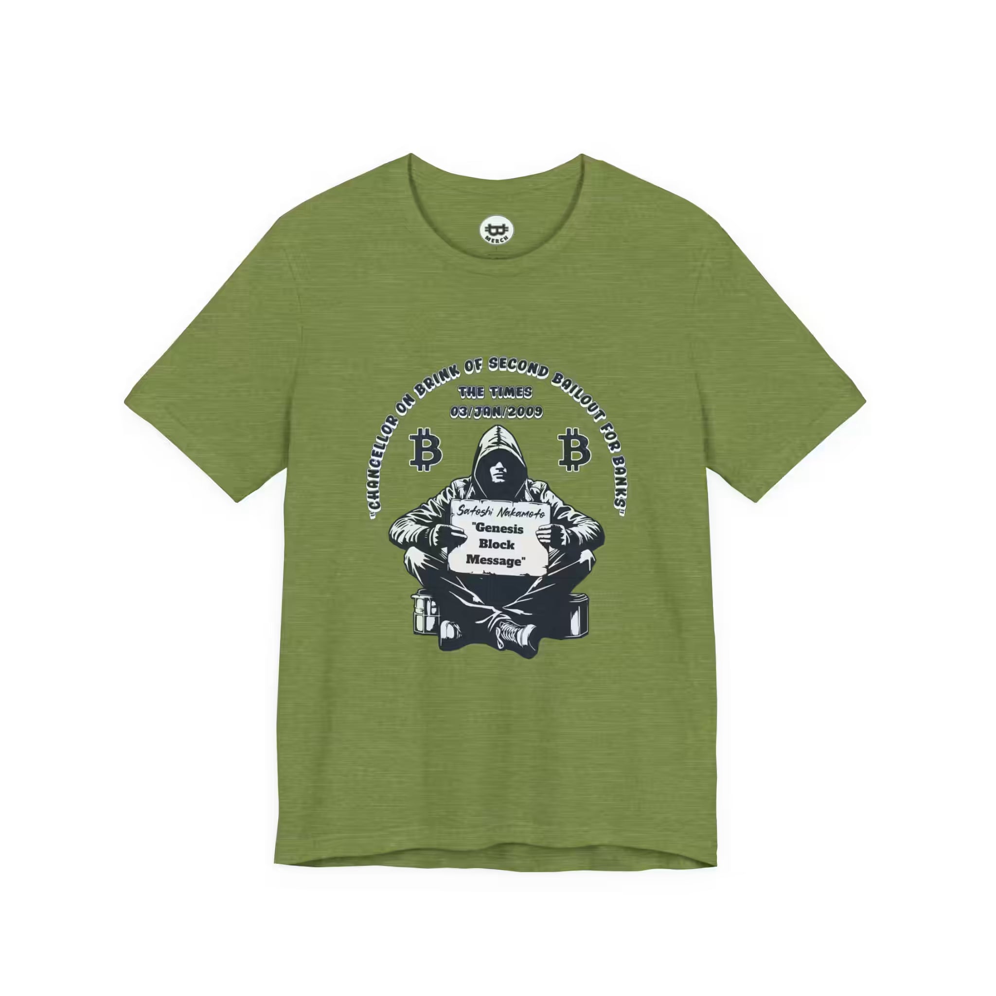 Flat lay view of the heather green Satoshi Nakamoto Genesis Block t-shirt, featuring the durable Bella Canvas 3001 build.