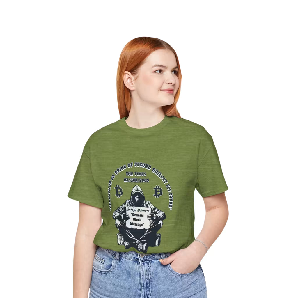 Front view of a model in the heather green Satoshi Nakamoto Genesis Block t-shirt, embracing decentralized money.
