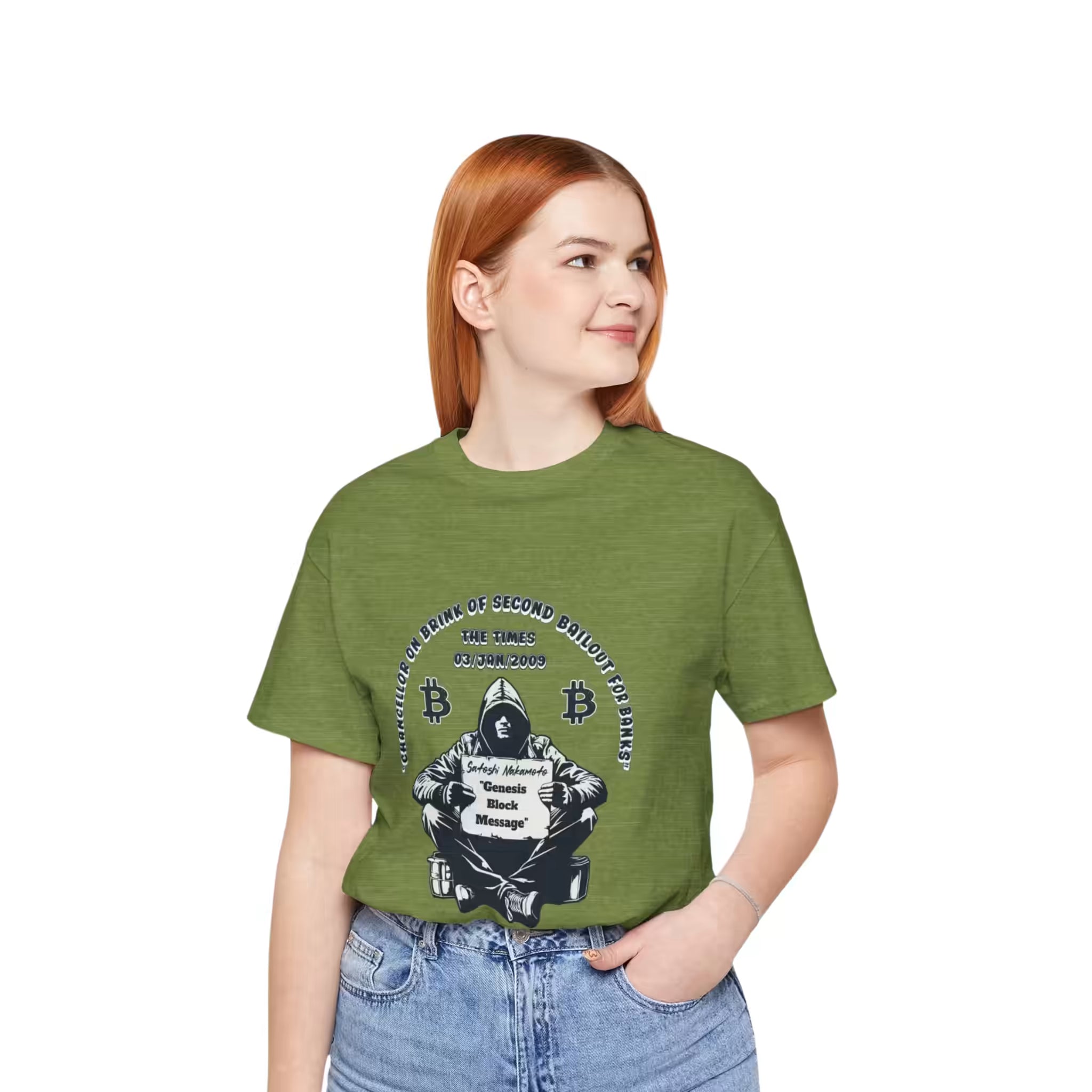 Front view of a model in the heather green Satoshi Nakamoto Genesis Block t-shirt, embracing decentralized money.