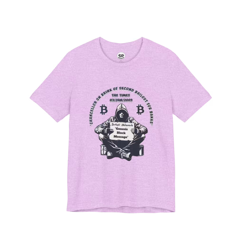 Flat lay of the heather prism lilac Satoshi Nakamoto Genesis Block t-shirt, highlighting the soft Bella Canvas 3001 material.