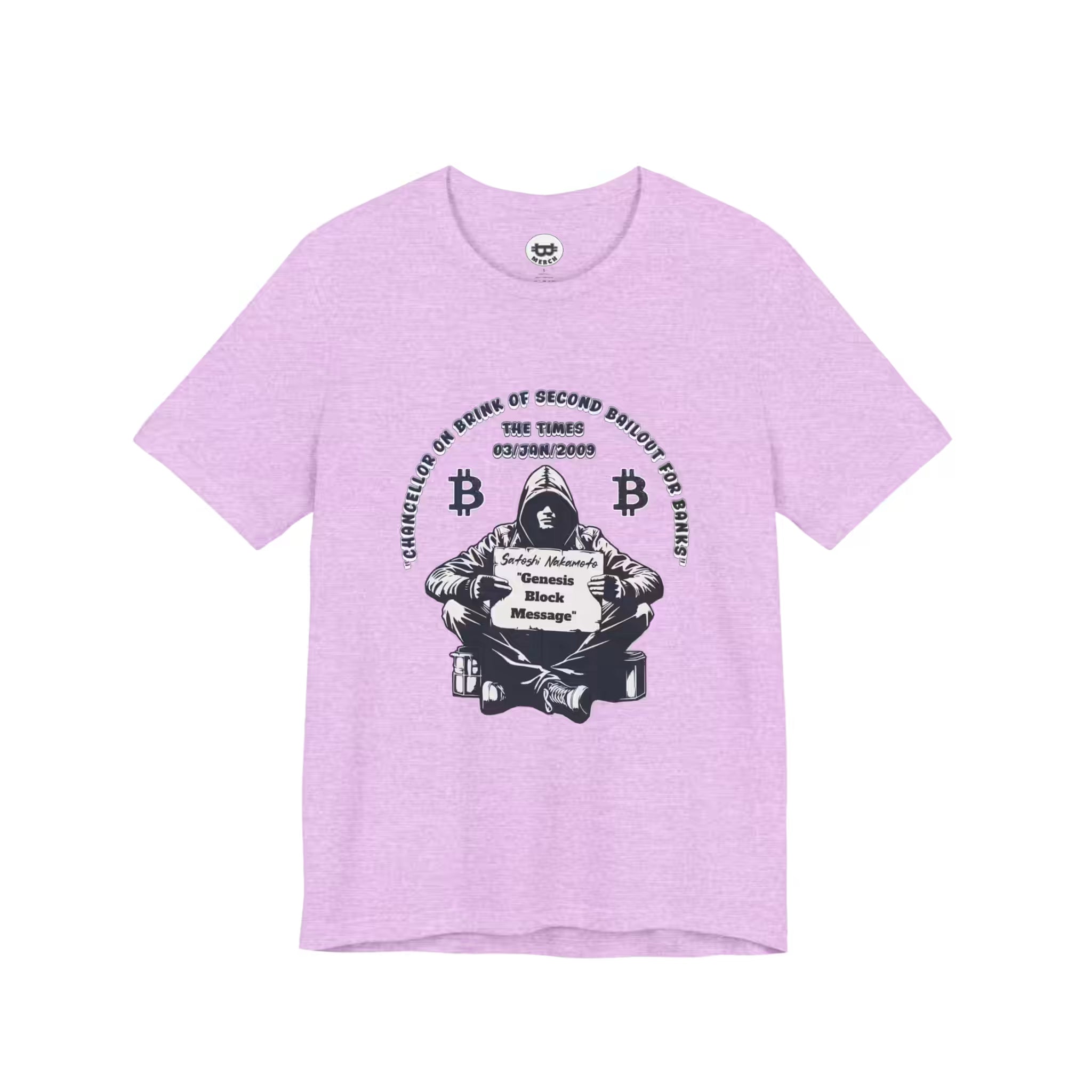 Flat lay of the heather prism lilac Satoshi Nakamoto Genesis Block t-shirt, highlighting the soft Bella Canvas 3001 material.
