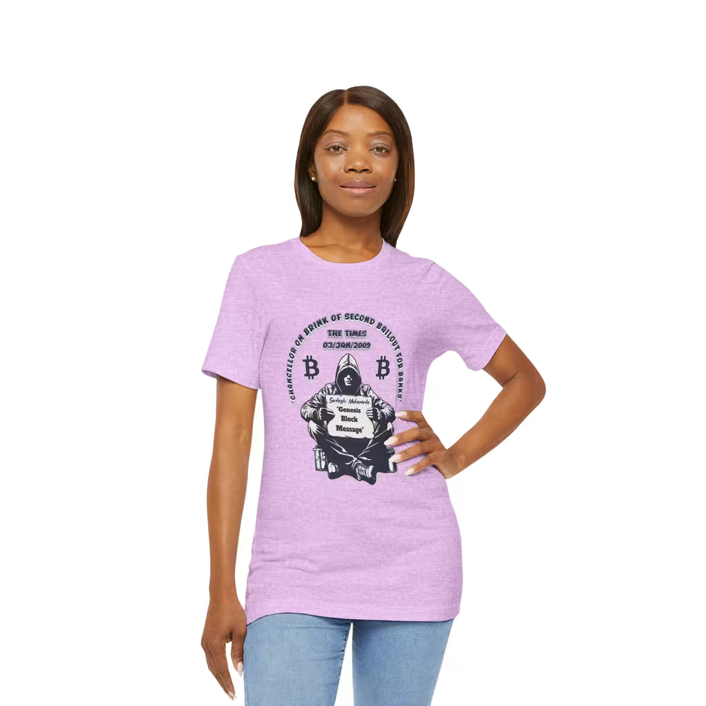 Front view of a model wearing the heather prism lilac Satoshi Nakamoto Genesis Block t-shirt, honoring the true origin.