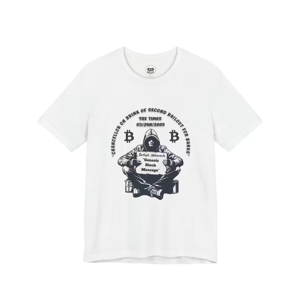 Flat lay of the solid white blend Satoshi Nakamoto Genesis Block t-shirt. A Bella Canvas 3001 staple for HODLers