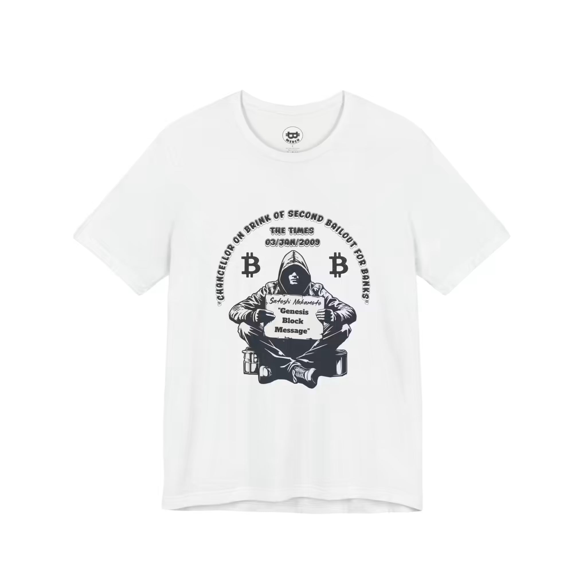 Flat lay of the solid white blend Satoshi Nakamoto Genesis Block t-shirt. A Bella Canvas 3001 staple for HODLers