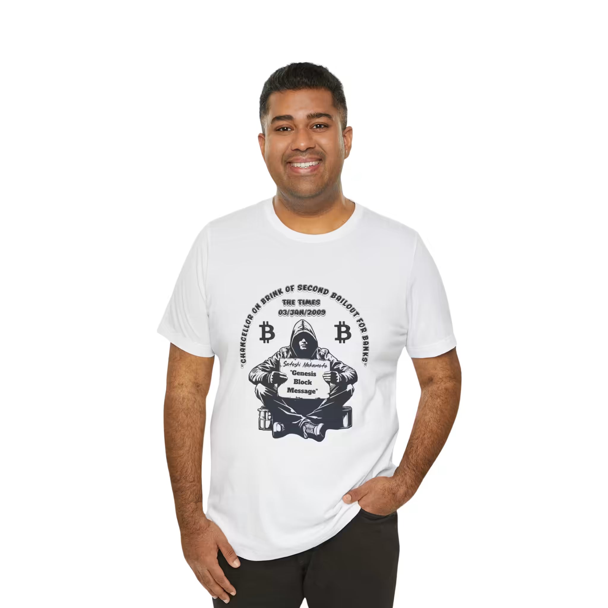 Front view of a model in the solid white blend Satoshi Nakamoto Genesis Block t-shirt. The ultimate fiat bailout.