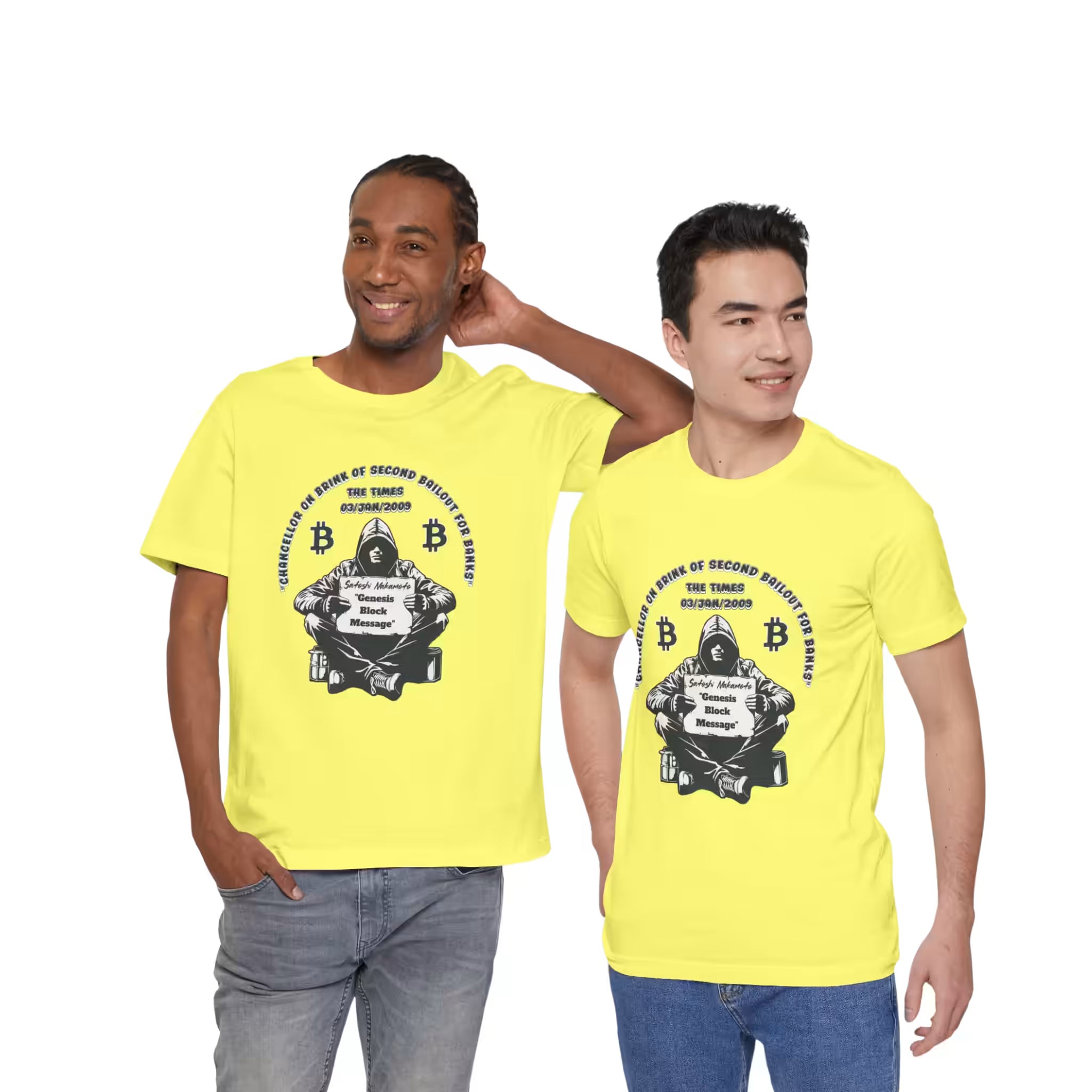 Duo models front view in yellow Satoshi Nakamoto Genesis Block t-shirts. Remembering the origin of sound money.