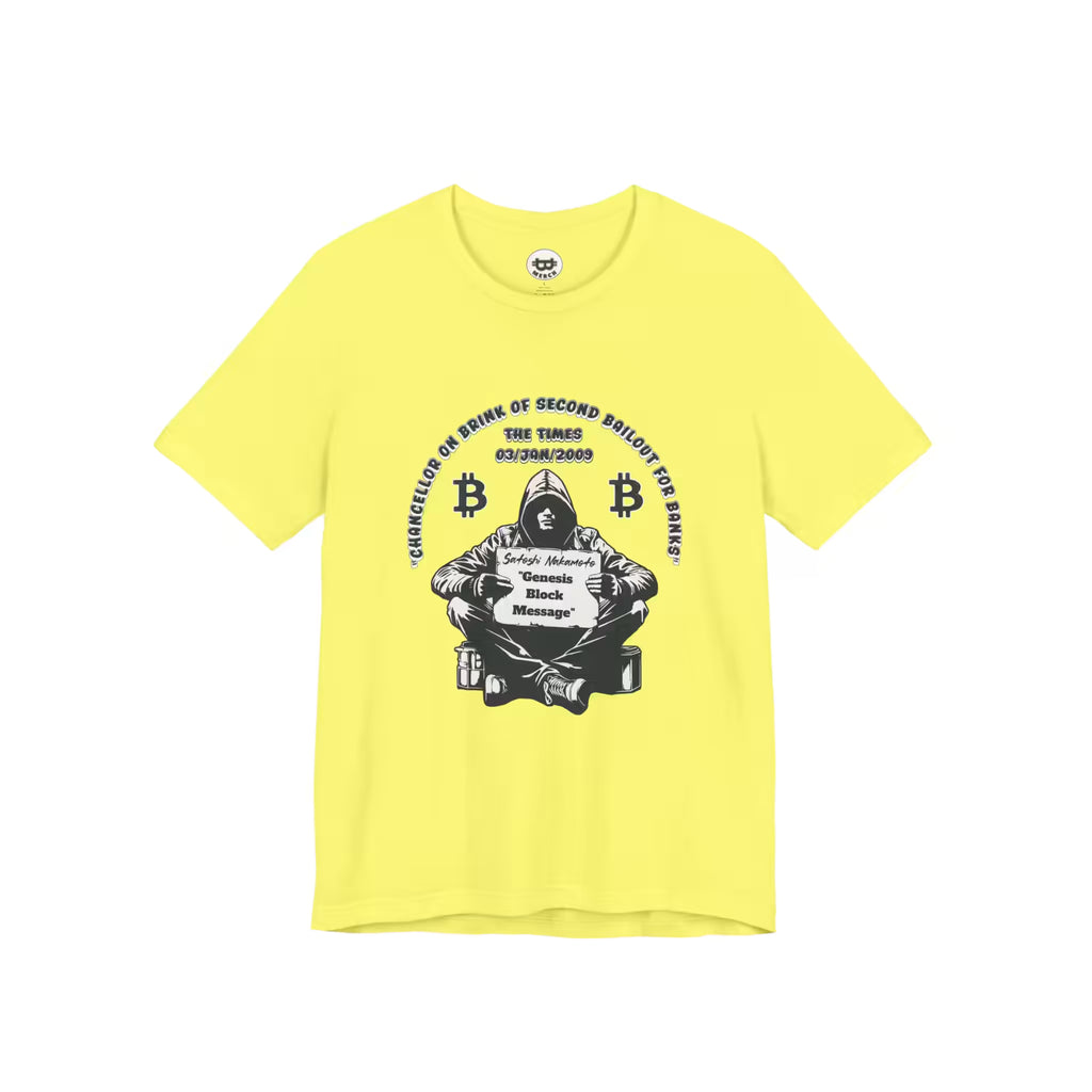 Flat lay of the yellow Satoshi Nakamoto Genesis Block t-shirt, showing the premium Bella Canvas 3001 fabric.