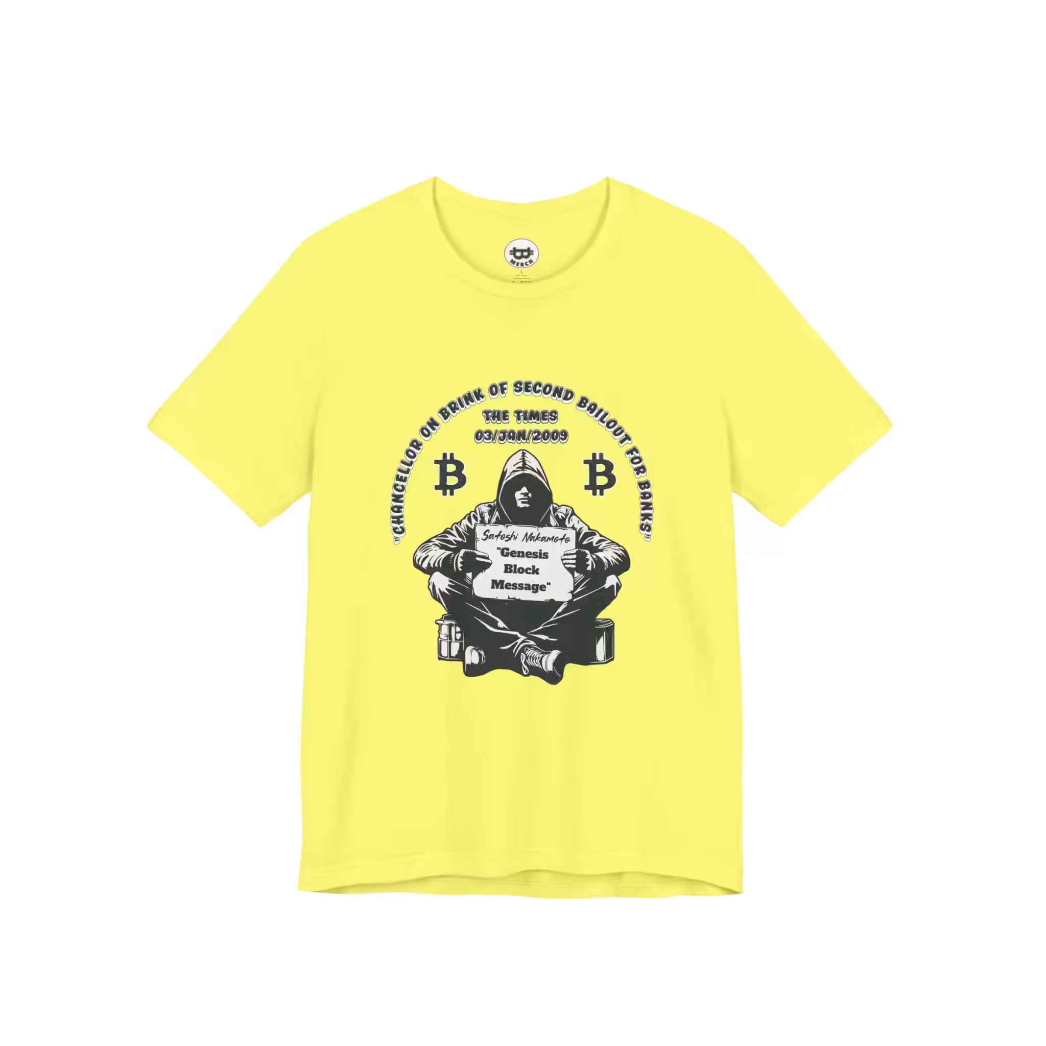 Flat lay of the yellow Satoshi Nakamoto Genesis Block t-shirt, showing the premium Bella Canvas 3001 fabric.