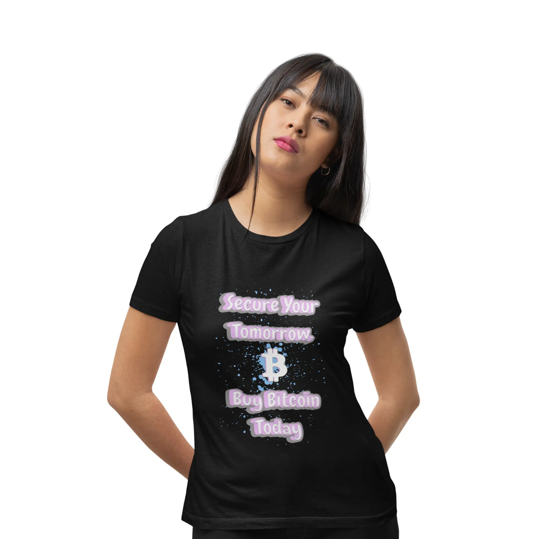 Secure Your Tomorrow Buy Bitcoin Today Womens Tee - Black - Bella Canvas 6400 Model Front - Bitcoin Gear