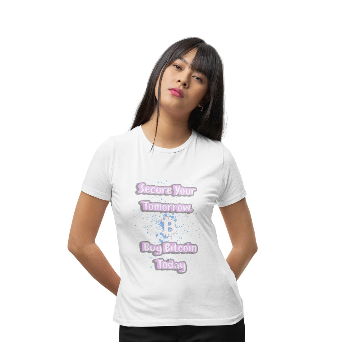 Secure Your Tomorrow Buy Bitcoin Today Womens Tee - White - Bella Canvas 6400 Model Front - Bitcoin Wear
