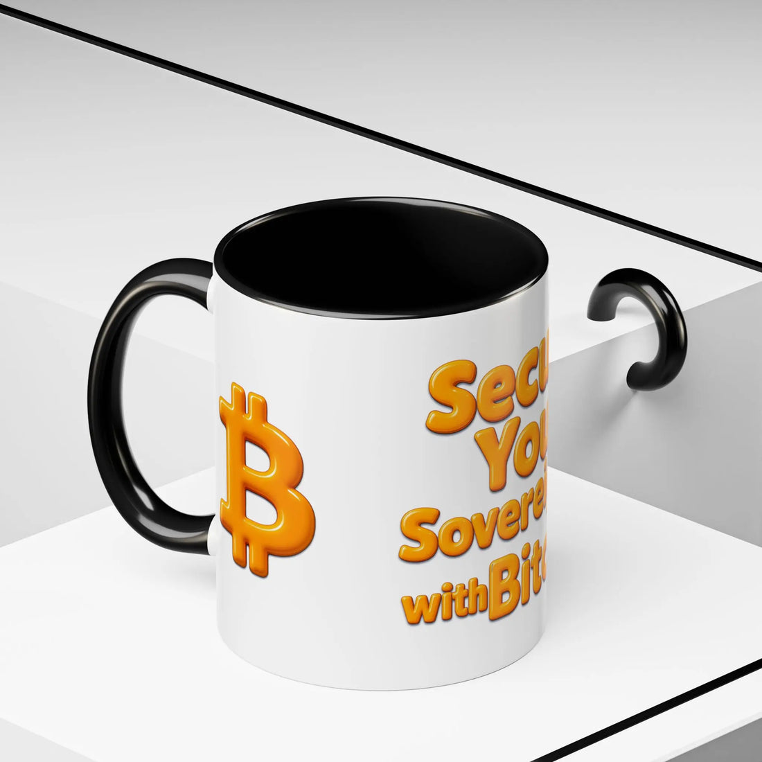 Side view of the 11oz Secure Your Sovereignty mug with black interior, displaying the self-custody message clearly.