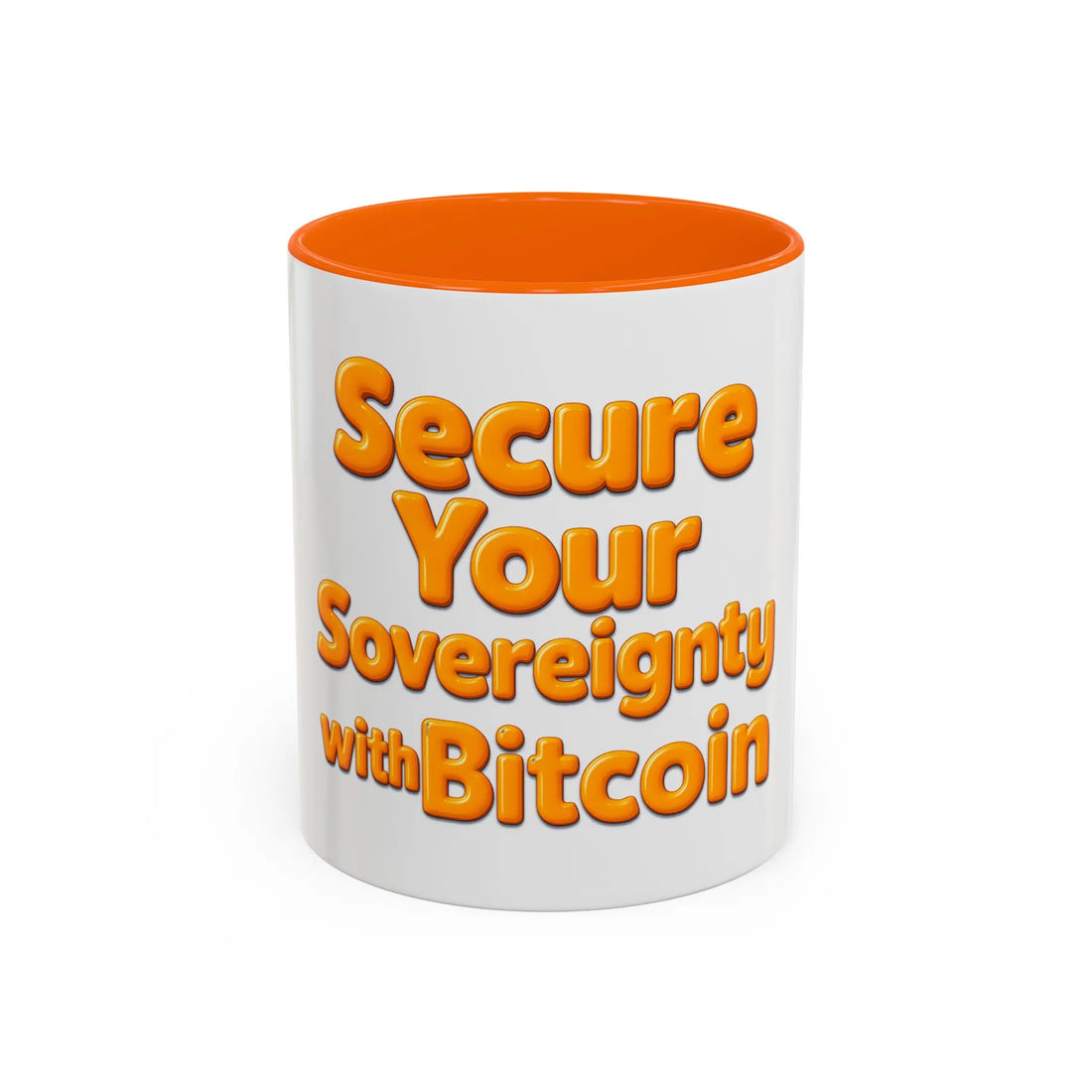 Front of the 11oz Secure Your Sovereignty with Bitcoin mug with bright orange interior. Daily education. bitcoinmerch.
