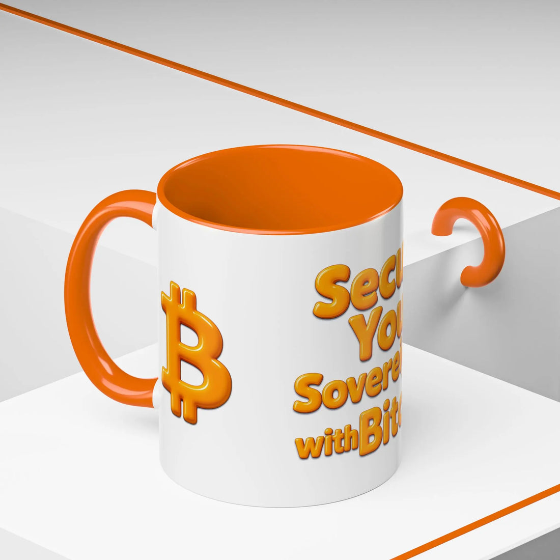 Side view of the 11oz Secure Your Sovereignty mug highlighting the orange interior and financial freedom message.