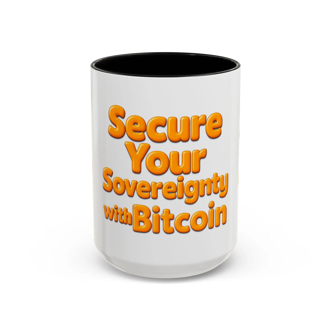 Front of the large 15oz Secure Your Sovereignty with Bitcoin mug featuring a black interior. Start conversations.