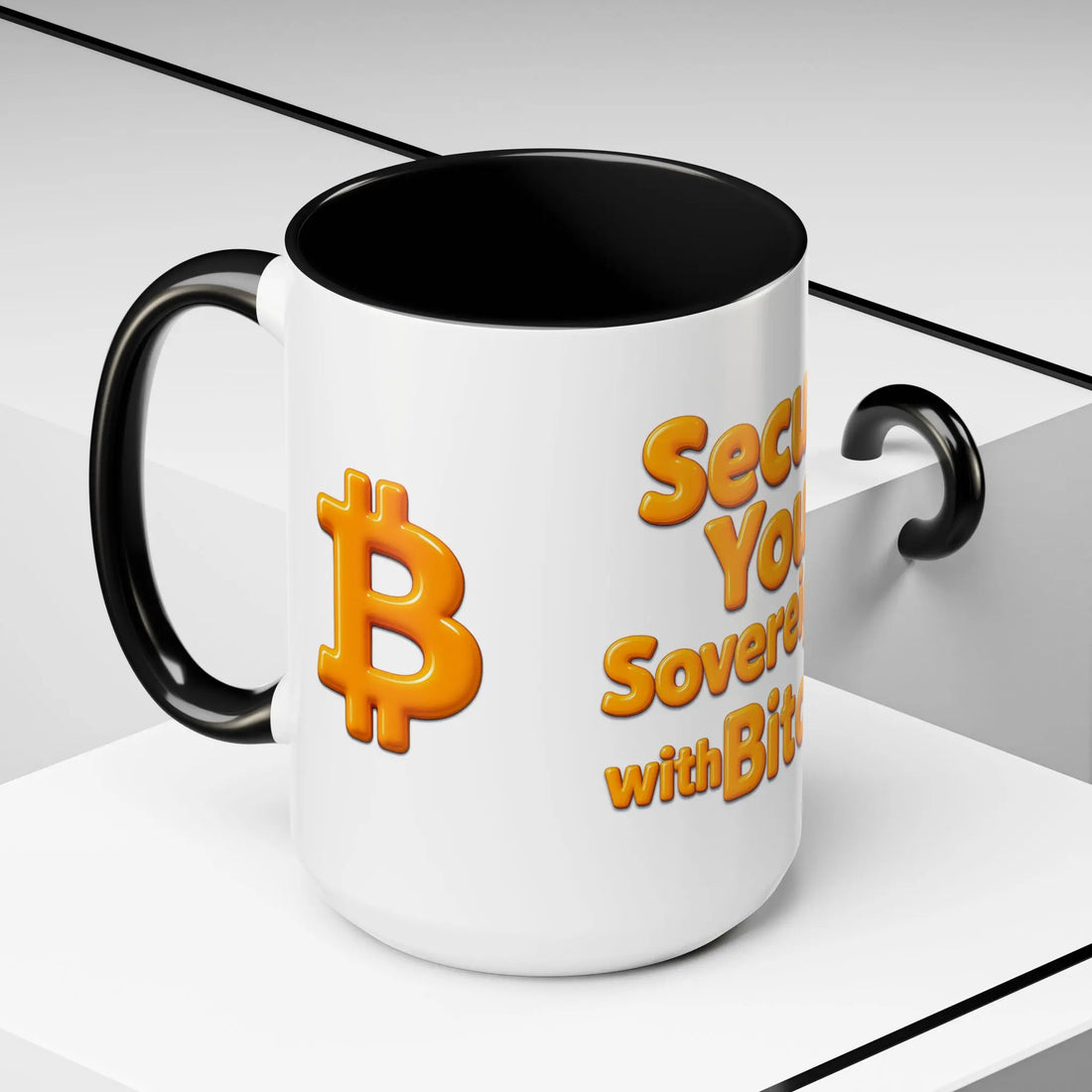 Side profile of the 15oz Secure Your Sovereignty mug with black inside, perfect for the everyday maximalist.