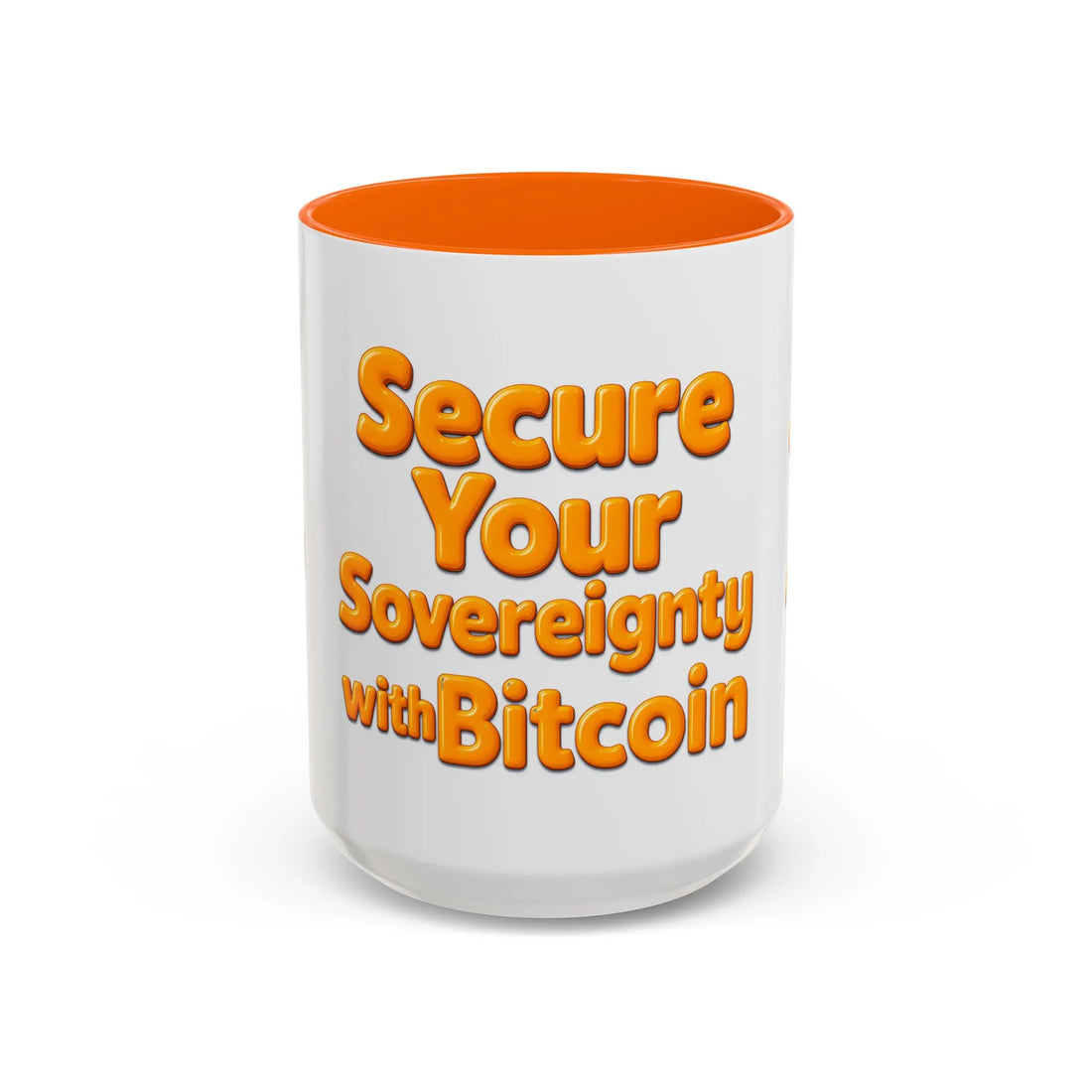 Front view of the large 15oz Secure Your Sovereignty with Bitcoin mug with orange interior for educators.