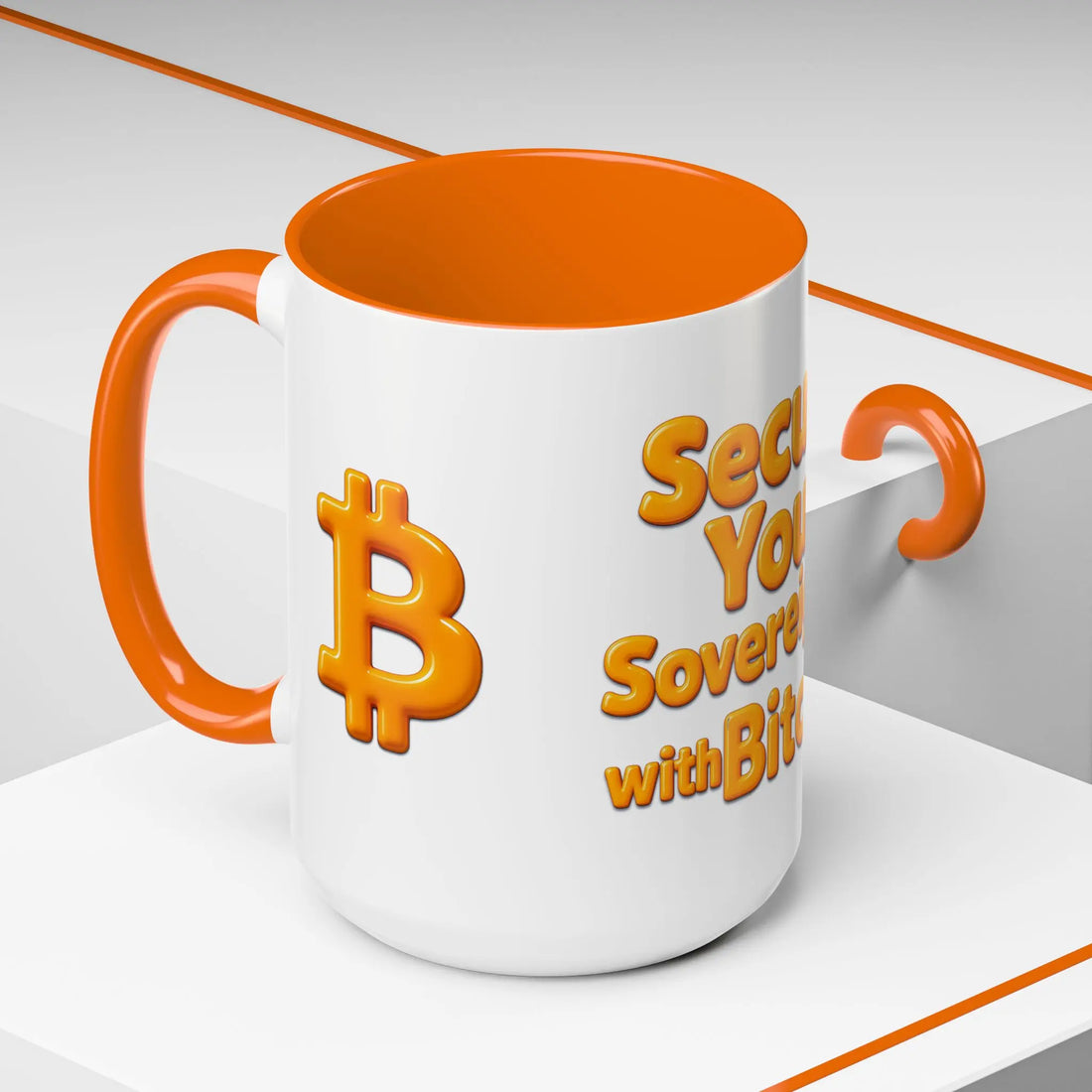 Side profile of the 15oz Secure Your Sovereignty mug in orange, displaying the core self-custody message.