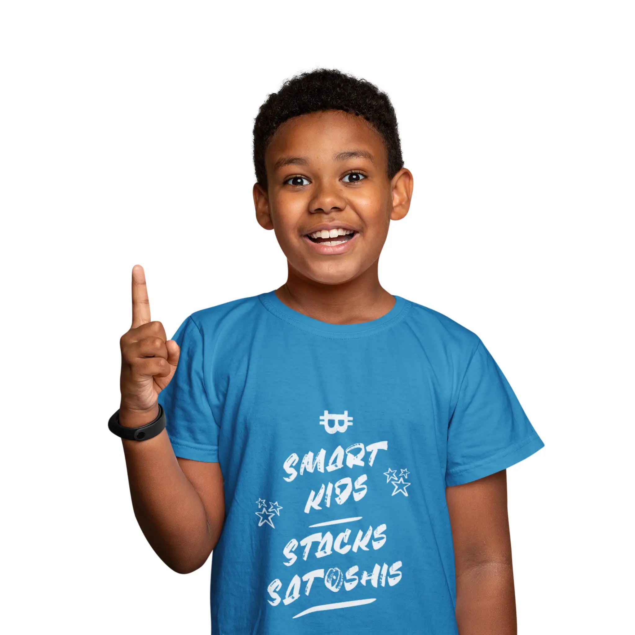 Smart Kids Stack Satoshis Kids Tee - Cobalt - LAT 6101 Model Front View - Sovereign Bitcoin Gear