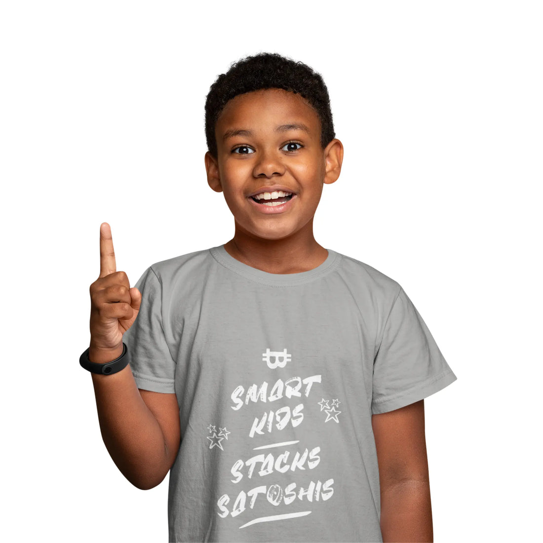 Smart Kids Stack Satoshis Kids T-Shirt - Heather - LAT 6101 Model Front View - Sovereign Bitcoin Gear
