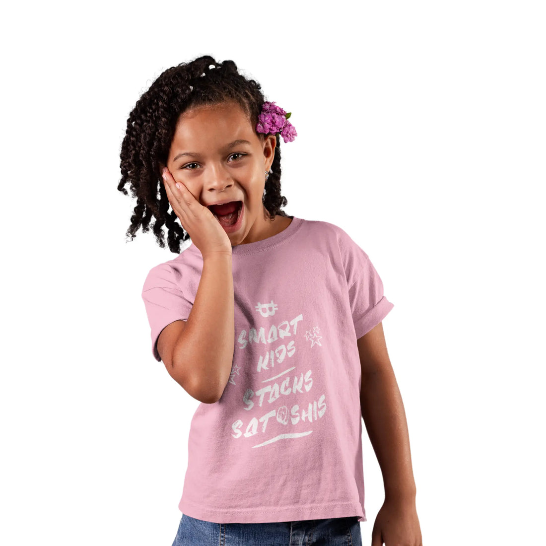 Smart Kids Stack Satoshis Kids T-Shirt - Pink - LAT 6101 Model Front View - Modern Bitcoin Wear