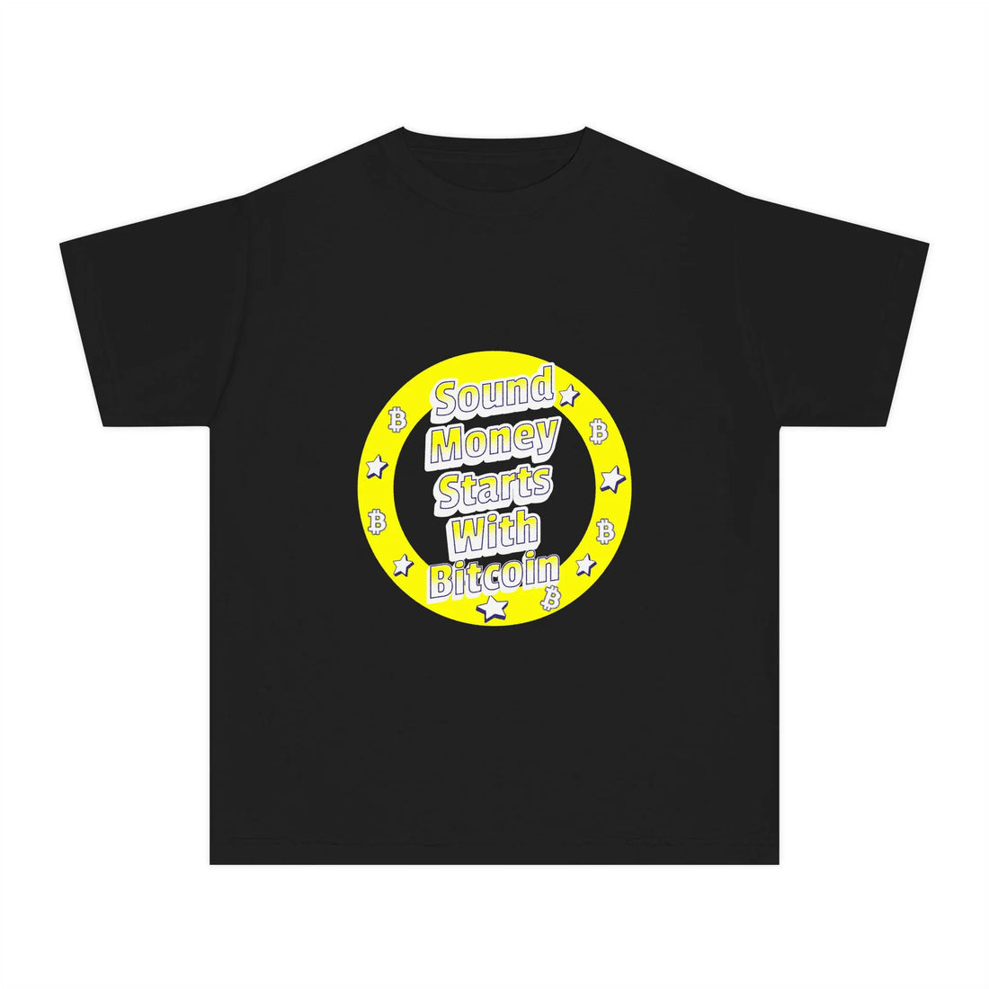Sound Money Starts With Bitcoin Kids Tee - Black - Comfort Colors 9018 Flat Front View - Bitcoin Apparel