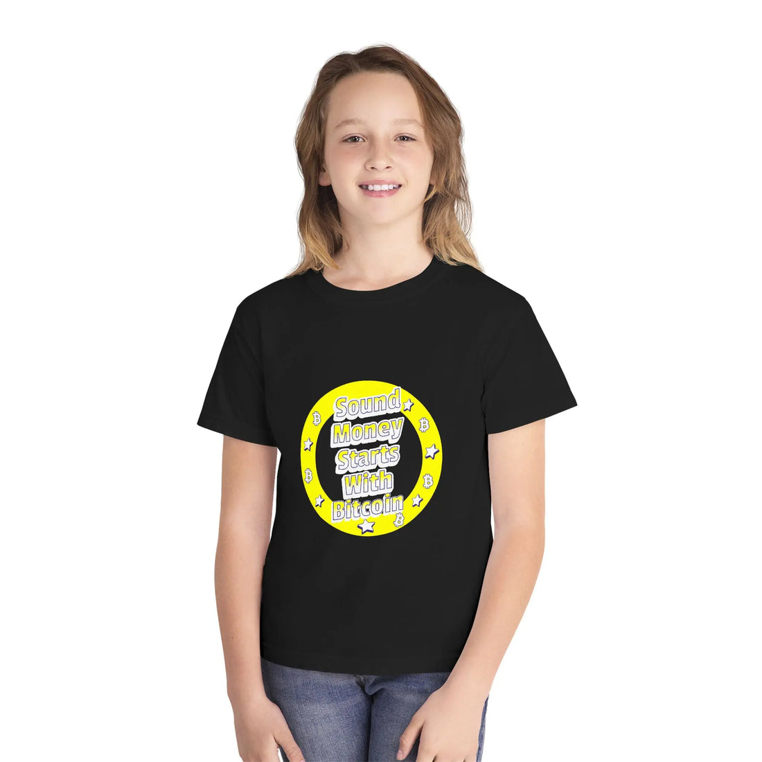 Sound Money Starts With Bitcoin Kids T-Shirt - Black - Comfort Colors 9018 Model Front - Sovereign Bitcoin Gear