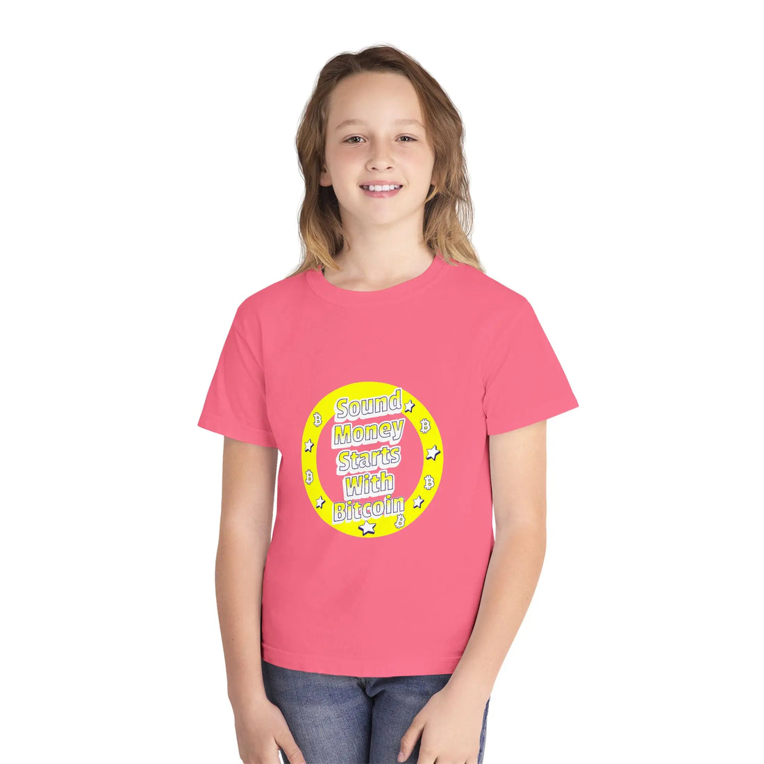 Sound Money Starts With Bitcoin Kids T-Shirt - Crunchberry - Comfort Colors 9018 Model View - Bitcoin Merch