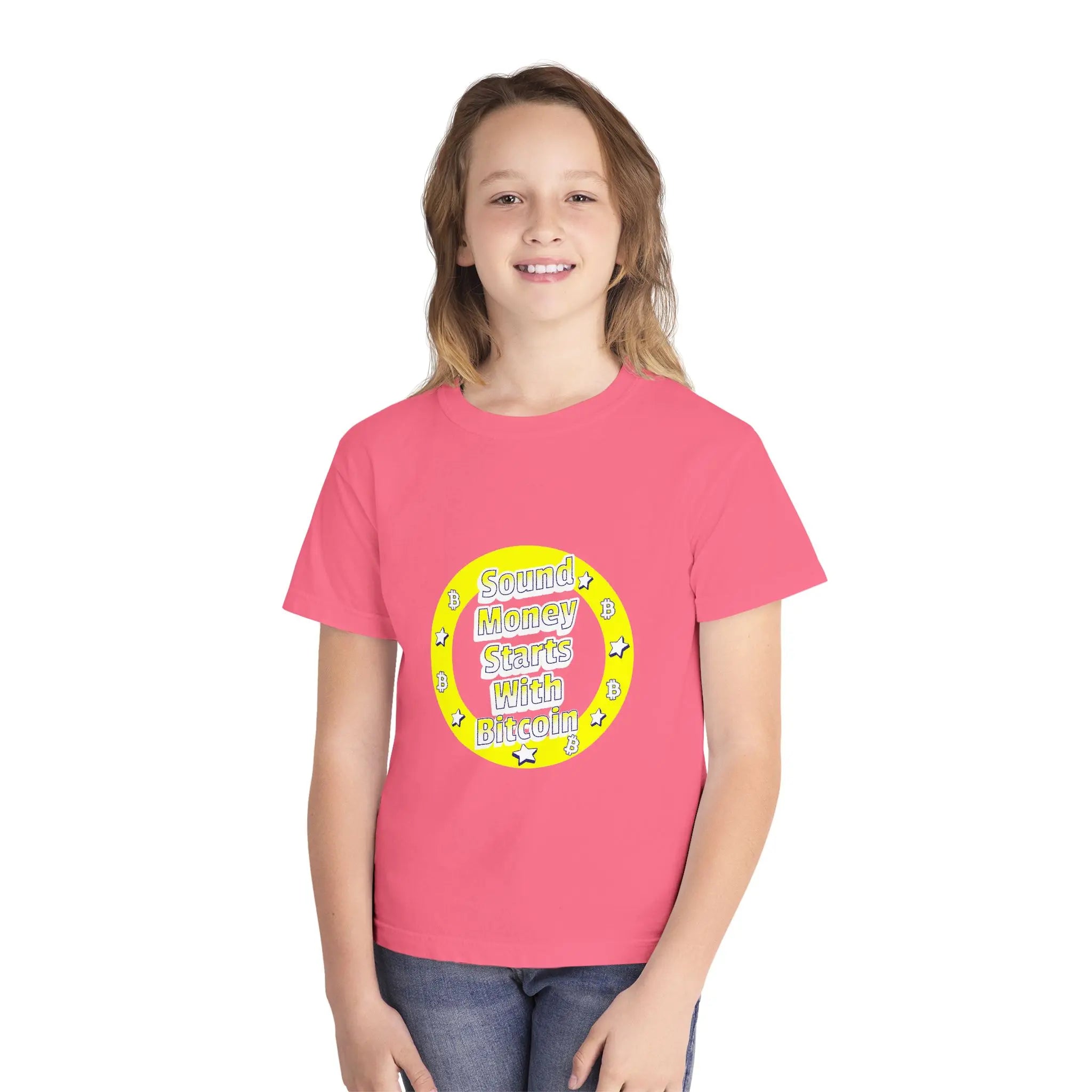 Sound Money Starts With Bitcoin Kids Tee - Crunchberry - Comfort Colors 9018 Model Front View - Bitcoin Merch