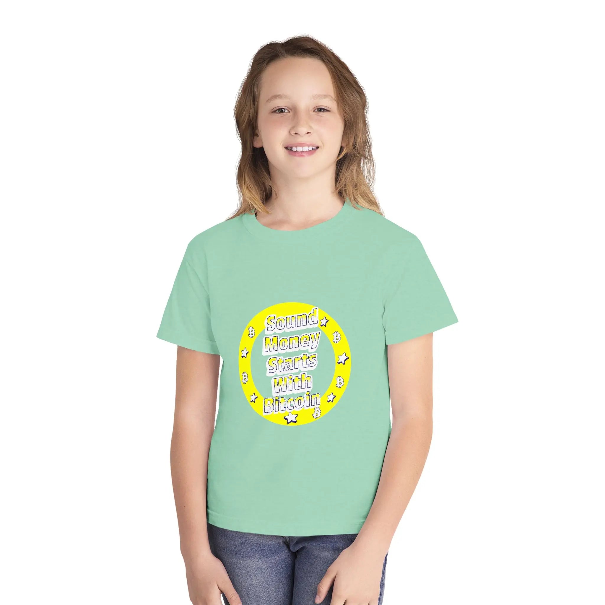 Sound Money Starts With Bitcoin Kids Tee - Island Reef - Comfort Colors 9018 Model Front View - Bitcoin Apparel