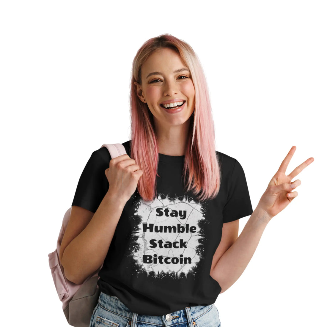 Stay Humble Stack Bitcoin Youth T-Shirt - Black - Bella Canvas 3001Y Model Front View - Bitcoin Gear