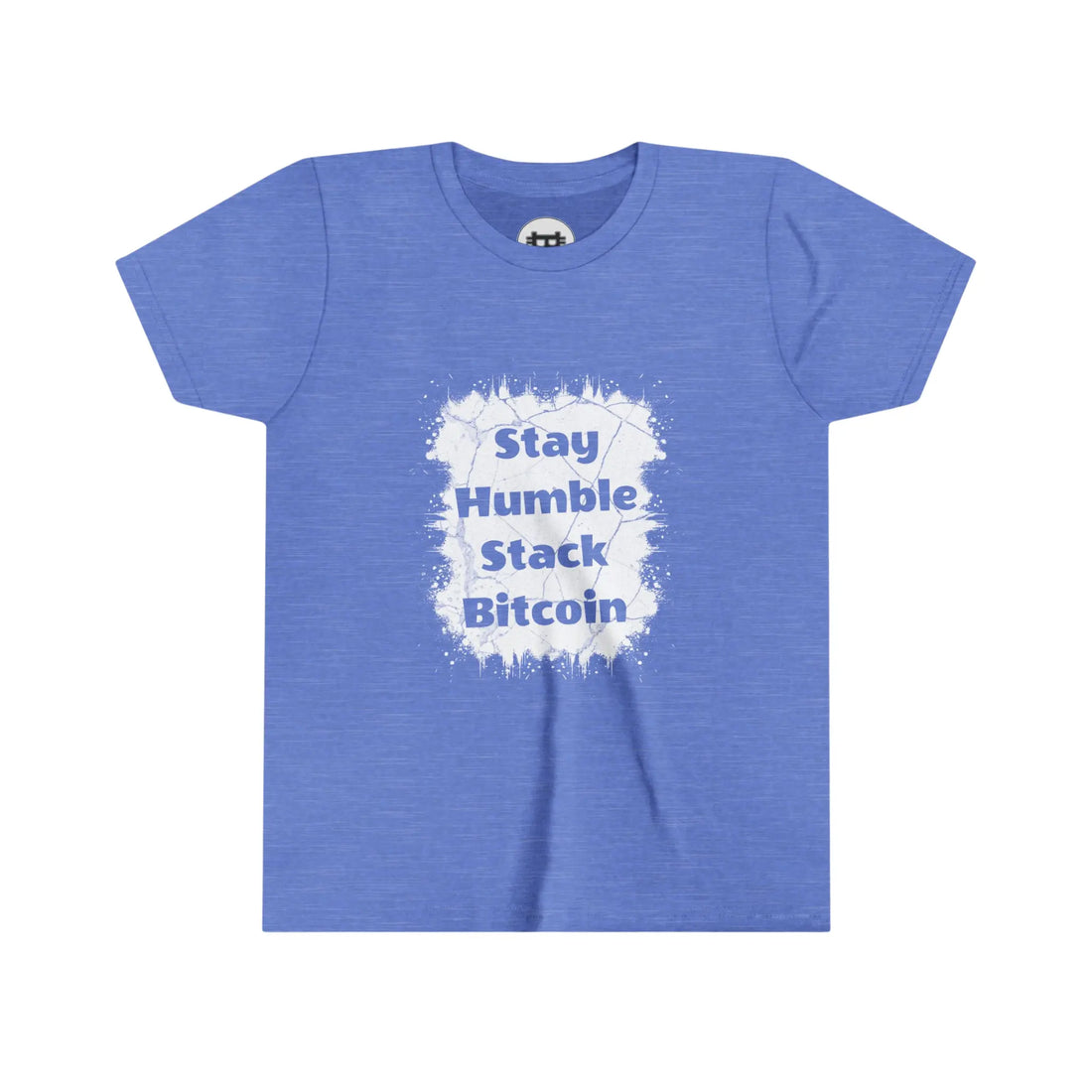 Stay Humble Stack Bitcoin Youth T-Shirt - Heather Columbia Blue - Bella Canvas 3001Y Flat View - Bitcoin Wear