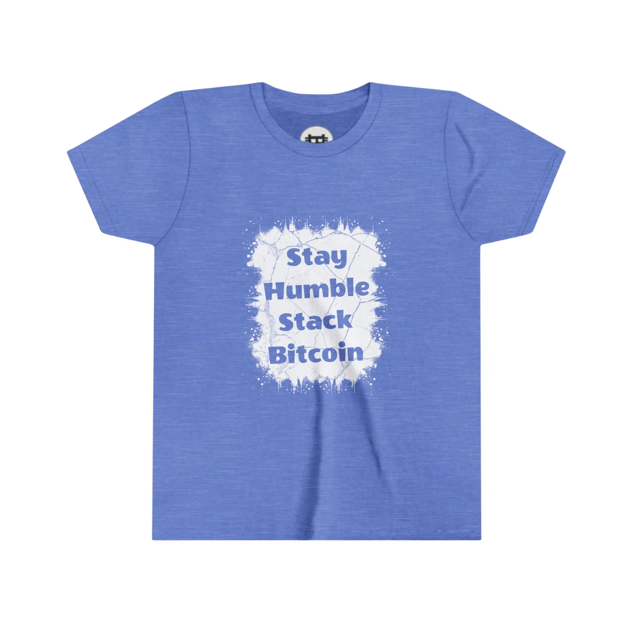 Stay Humble Stack Bitcoin Youth T-Shirt - Heather Columbia Blue - Bella Canvas 3001Y Flat View - Bitcoin Wear